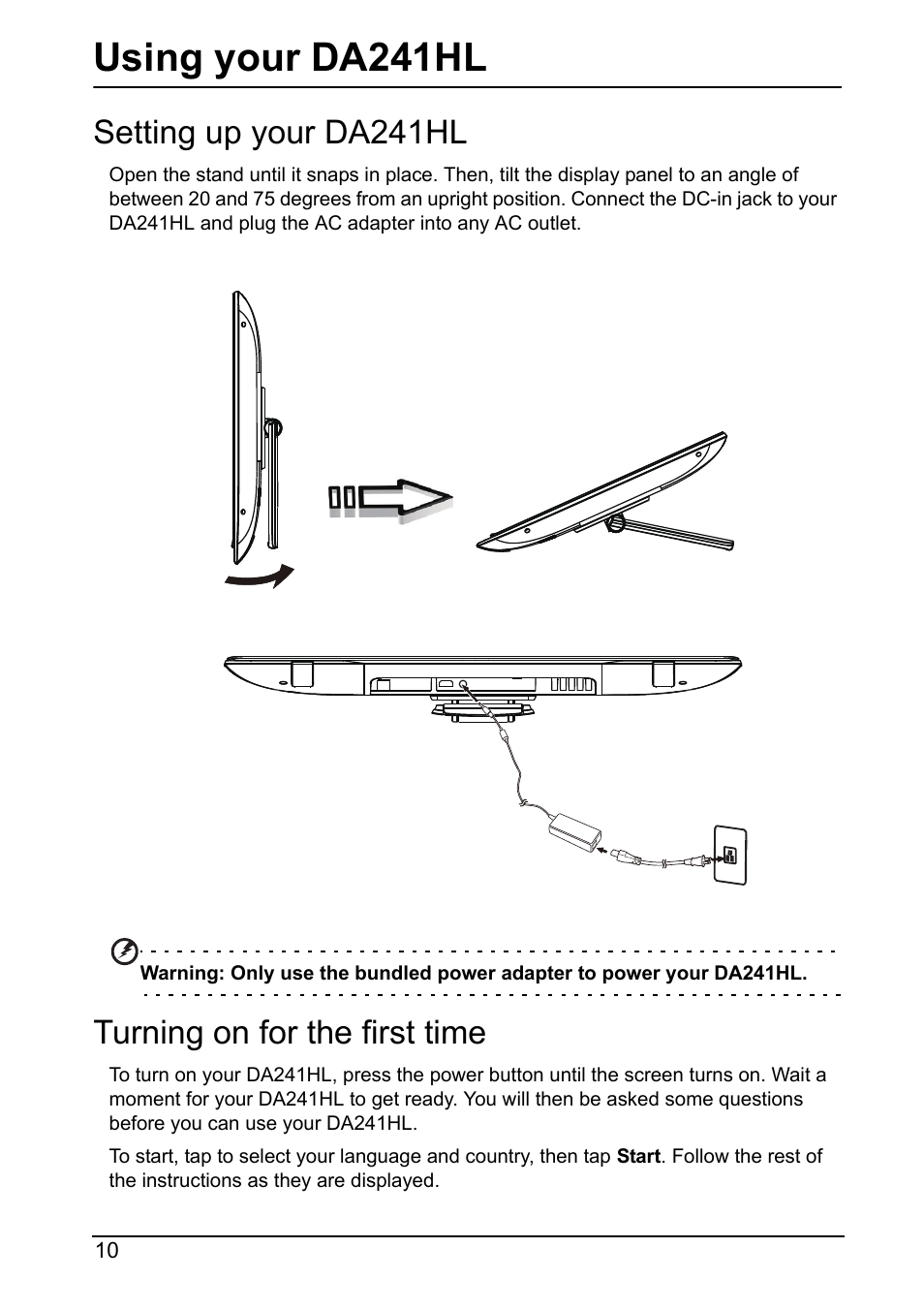 Setting up your da241hl, Turning on for the first time, Using your da241hl | Acer DA241HL User Manual | Page 10 / 35