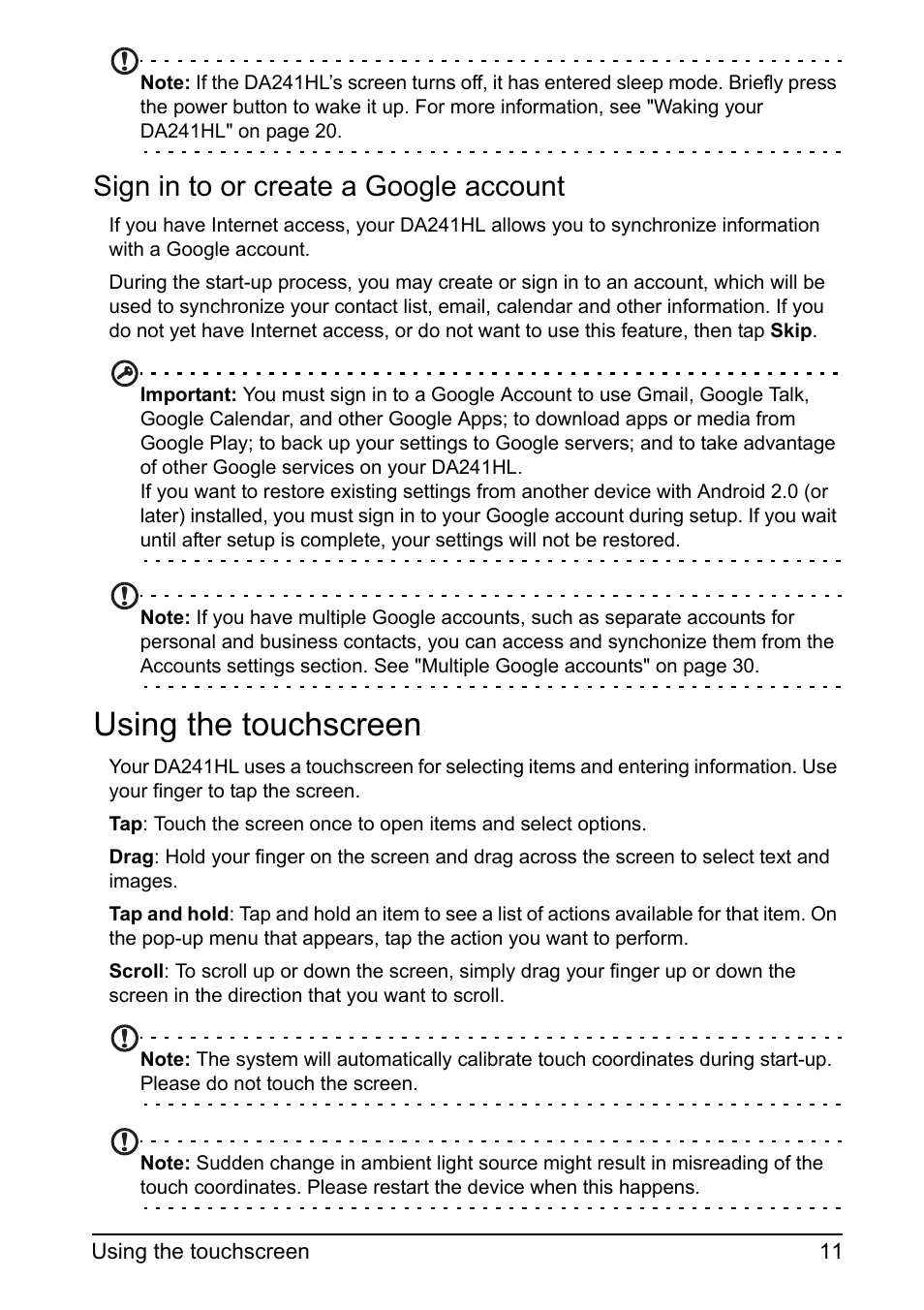 Using the touchscreen, Sign in to or create a google account | Acer DA241HL User Manual | Page 11 / 35