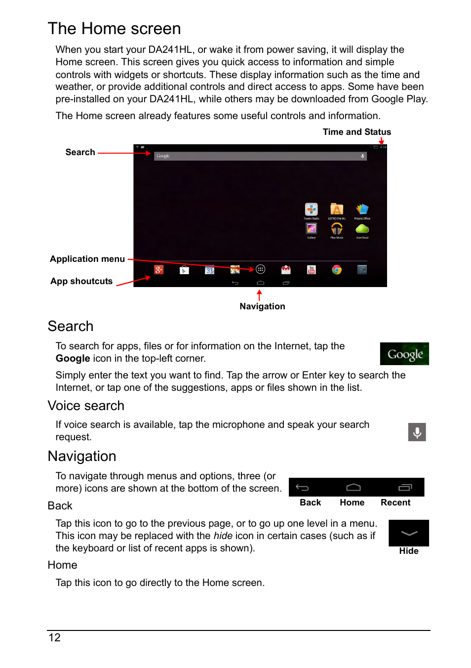 The home screen, Search, Navigation | Voice search | Acer DA241HL User Manual | Page 12 / 35