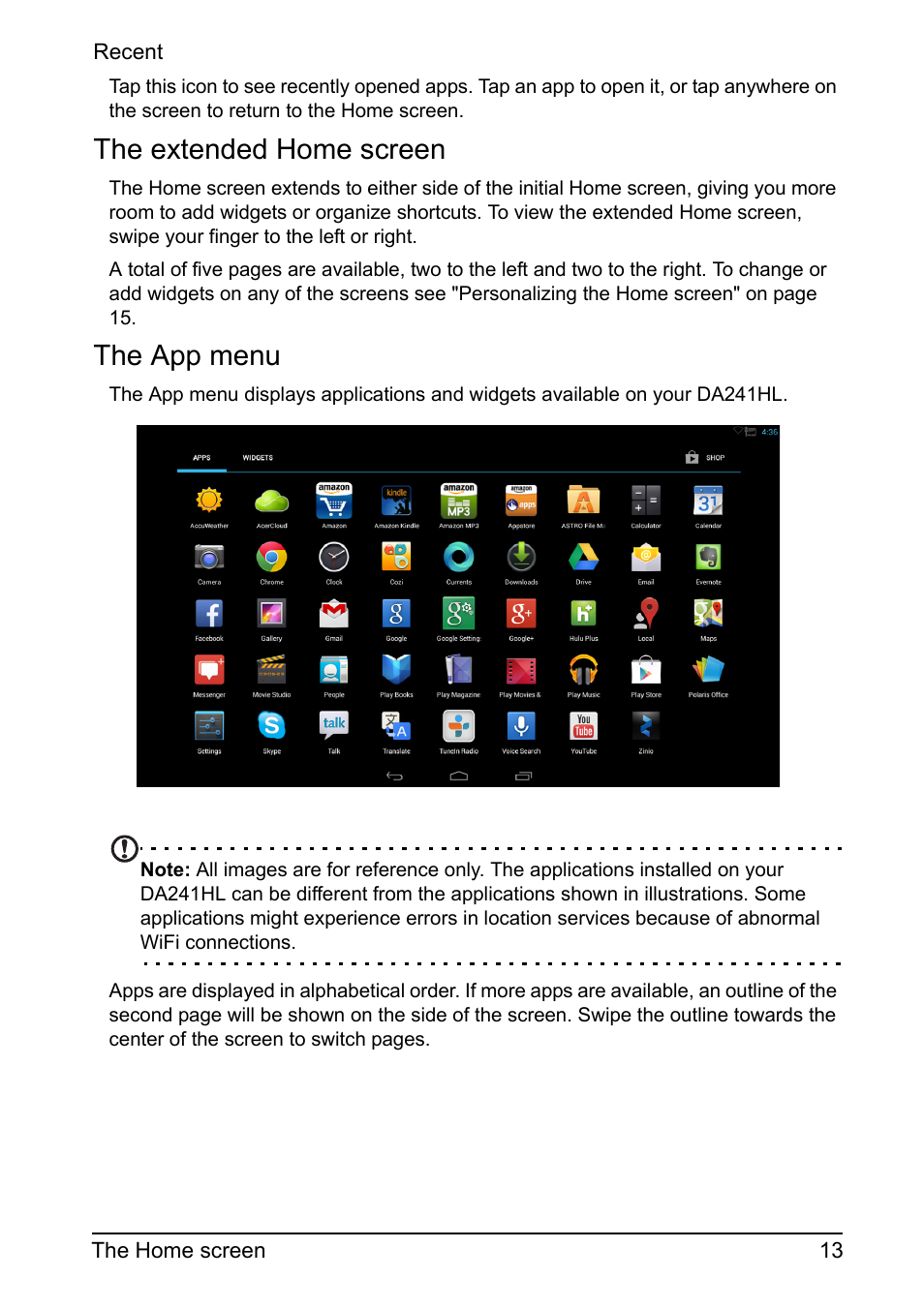 The extended home screen, The app menu | Acer DA241HL User Manual | Page 13 / 35