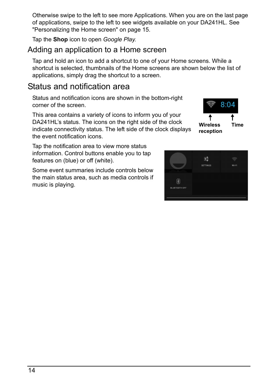 Status and notification area, Adding an application to a home screen | Acer DA241HL User Manual | Page 14 / 35