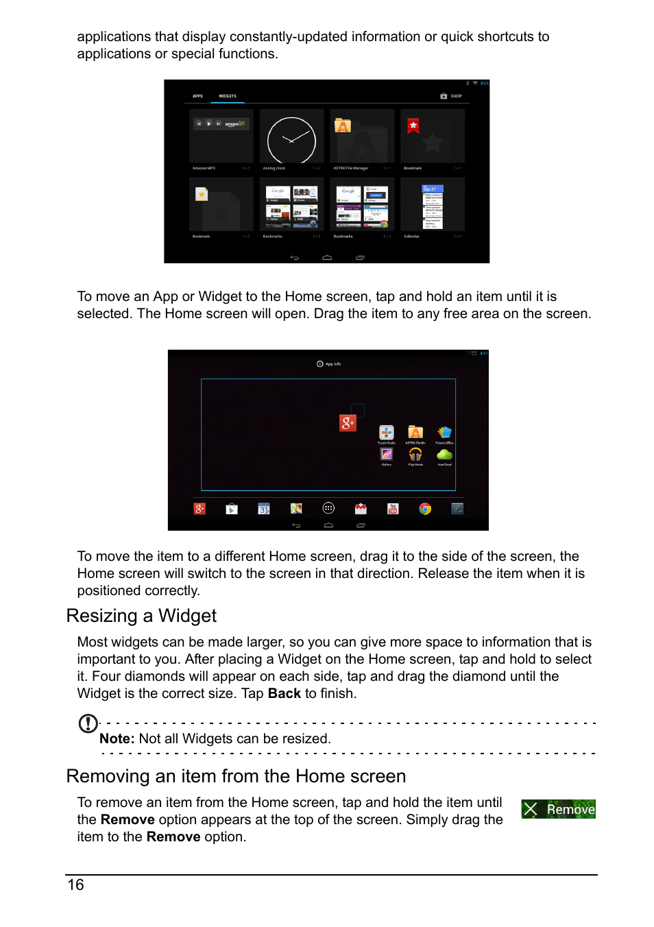 Resizing a widget, Removing an item from the home screen | Acer DA241HL User Manual | Page 16 / 35