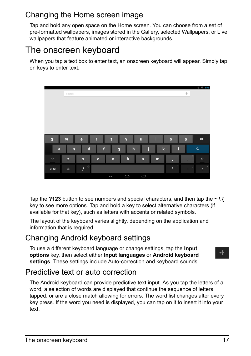 The onscreen keyboard, Changing the home screen image, Changing android keyboard settings | Predictive text or auto correction | Acer DA241HL User Manual | Page 17 / 35