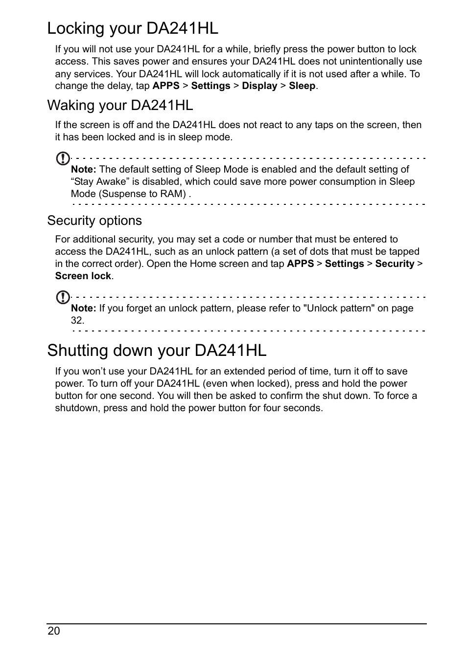 Locking your da241hl, Shutting down your da241hl, Locking your da241hl shutting down your da241hl | Waking your da241hl | Acer DA241HL User Manual | Page 20 / 35
