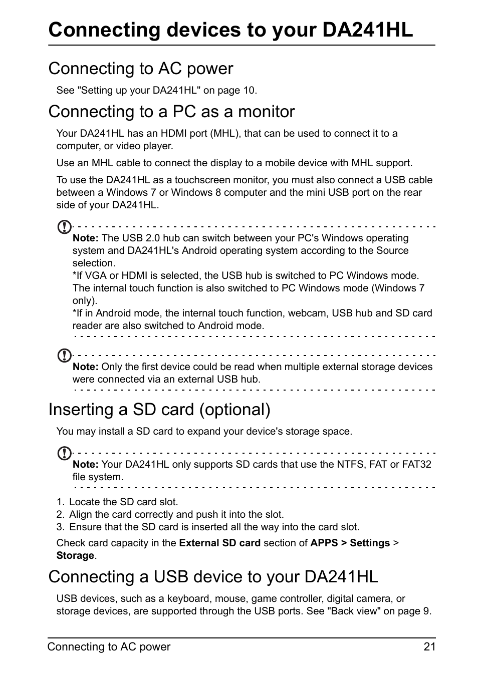 Connecting to ac power, Connecting to a pc as a monitor, Inserting a sd card (optional) | Connecting a usb device to your da241hl, Connecting devices to your da241hl | Acer DA241HL User Manual | Page 21 / 35