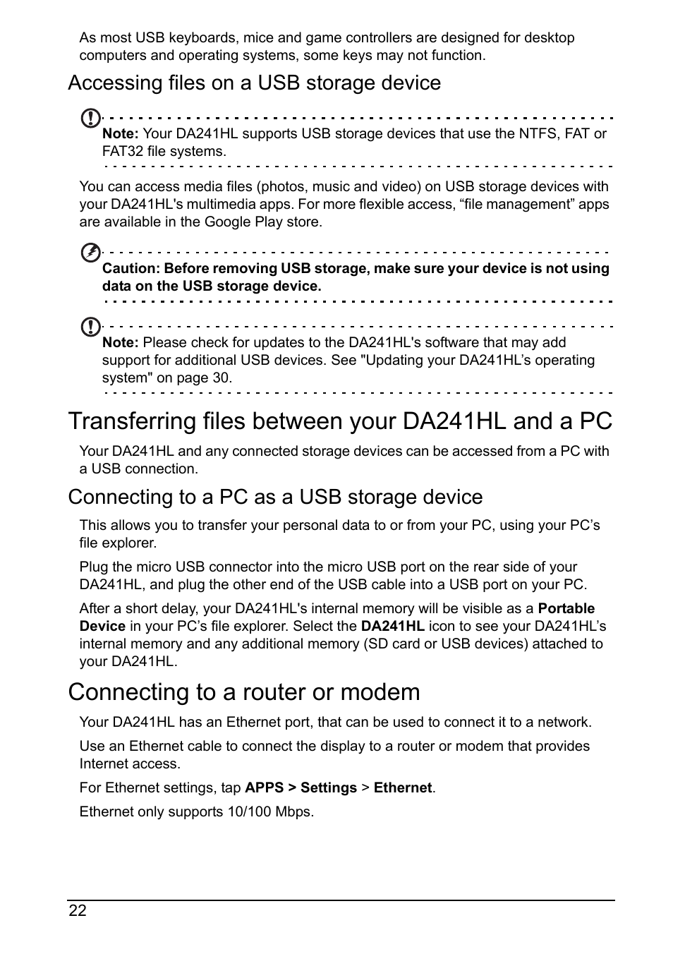 Transferring files between your da241hl and a pc, Connecting to a router or modem, Accessing files on a usb storage device | Connecting to a pc as a usb storage device | Acer DA241HL User Manual | Page 22 / 35