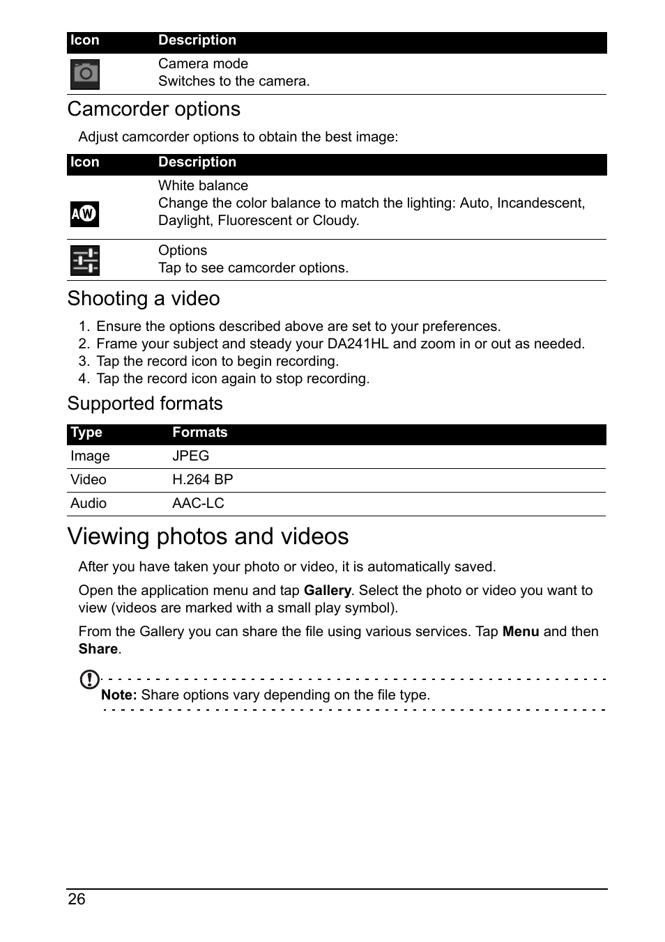Viewing photos and videos, Camcorder options, Shooting a video | Supported formats | Acer DA241HL User Manual | Page 26 / 35