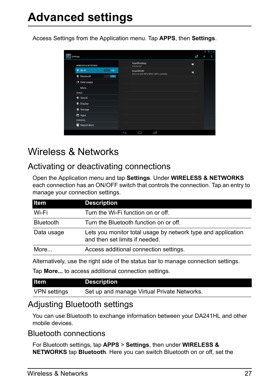 Wireless & networks, Advanced settings, Activating or deactivating connections | Adjusting bluetooth settings, Bluetooth connections | Acer DA241HL User Manual | Page 27 / 35