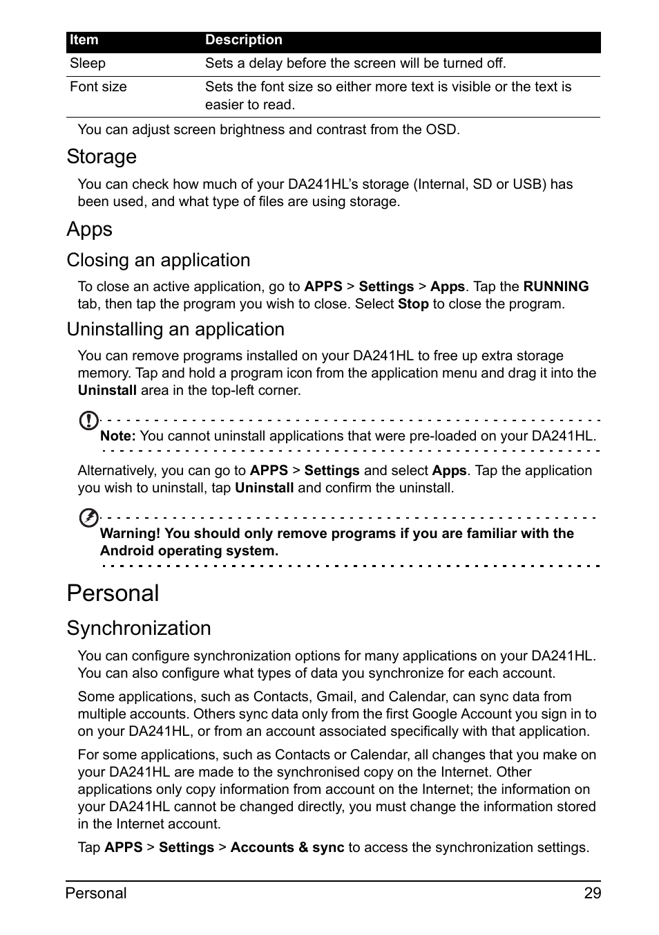 Personal, Storage, Apps | Synchronization, Closing an application, Uninstalling an application | Acer DA241HL User Manual | Page 29 / 35