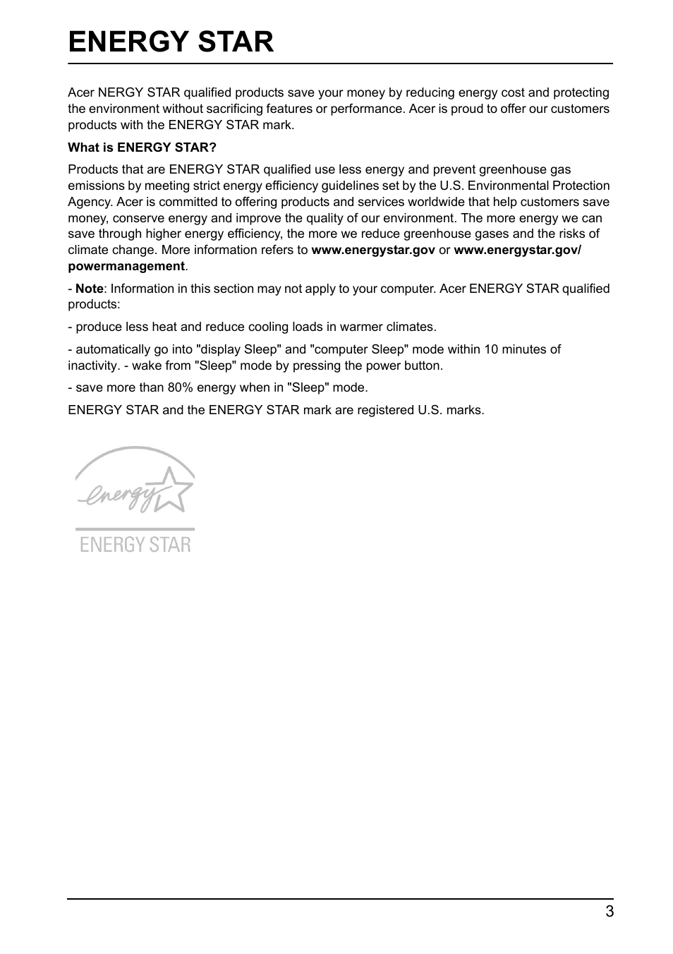 Energy star | Acer DA241HL User Manual | Page 3 / 35