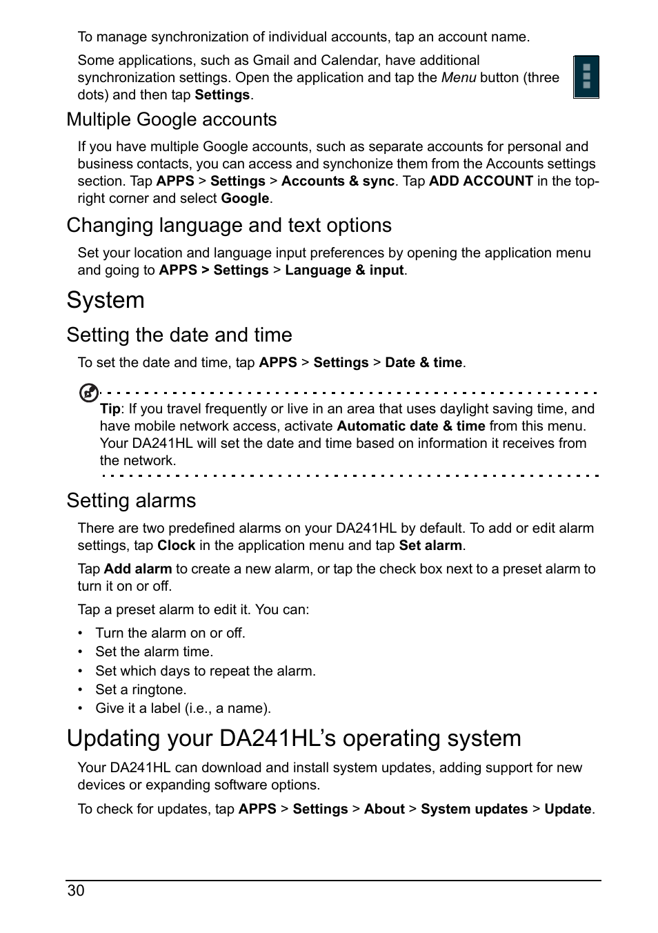 System, Updating your da241hl’s operating system, System updating your da241hl’s operating system | Changing language and text options, Setting the date and time, Setting alarms | Acer DA241HL User Manual | Page 30 / 35