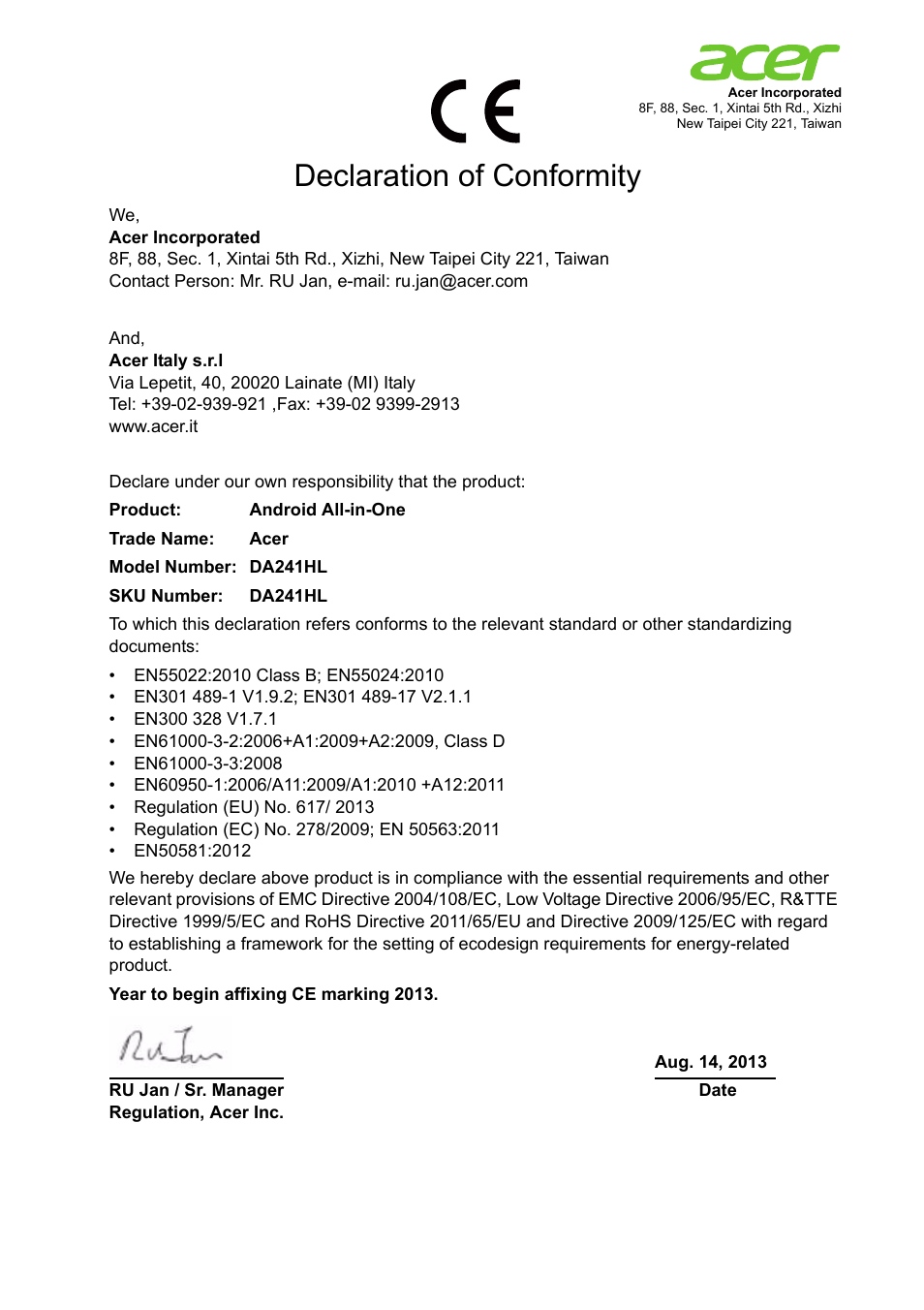 Declaration of conformity | Acer DA241HL User Manual | Page 34 / 35