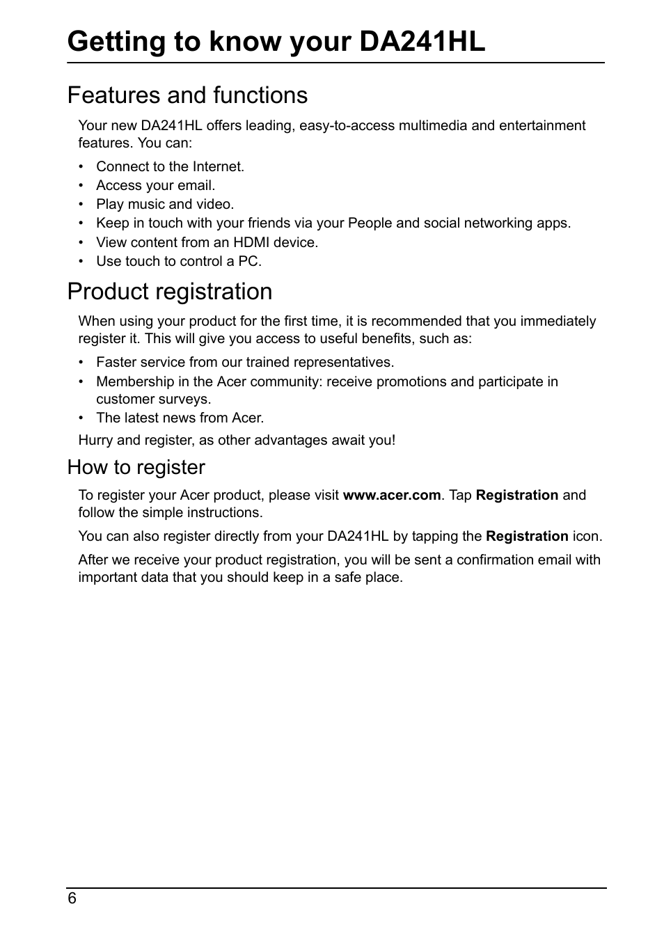 Features and functions, Product registration, Getting to know your da241hl | Features and functions product registration | Acer DA241HL User Manual | Page 6 / 35