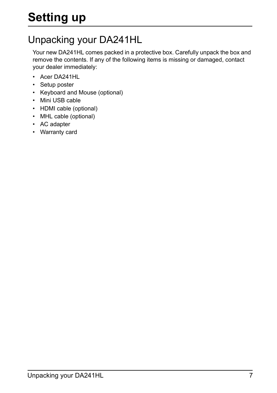 Unpacking your da241hl, Setting up | Acer DA241HL User Manual | Page 7 / 35