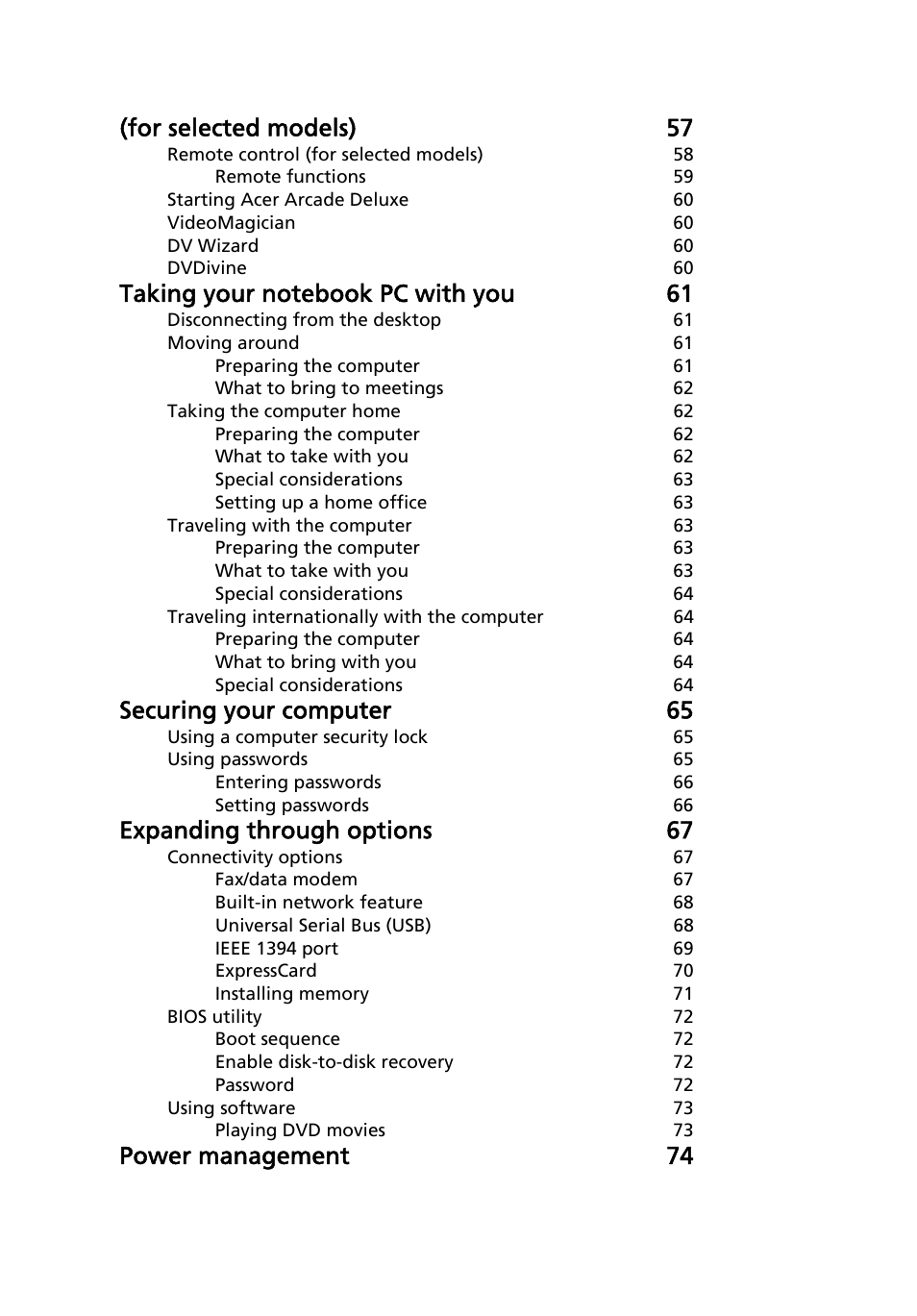 For selected models) 57, Securing your computer 65, Expanding through options 67 | Power management 74 | Acer Aspire 4310 User Manual | Page 18 / 112