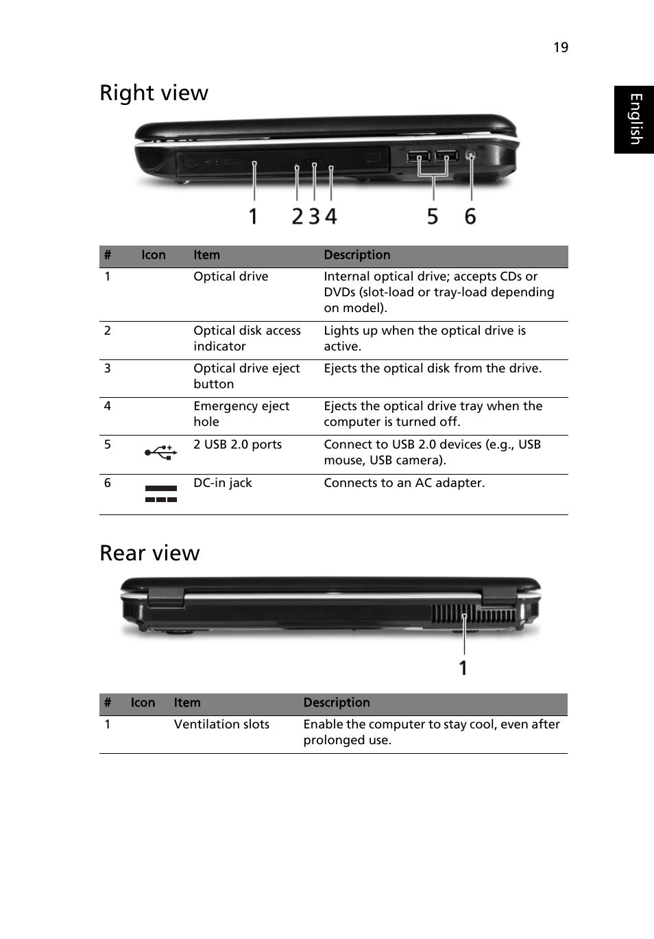 Right view, Rear view, Right view rear view | Acer Aspire 4310 User Manual | Page 39 / 112