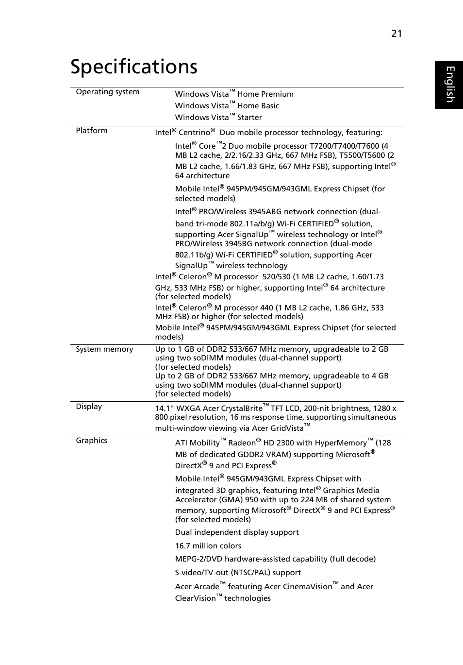 Specifications, English | Acer Aspire 4310 User Manual | Page 41 / 112