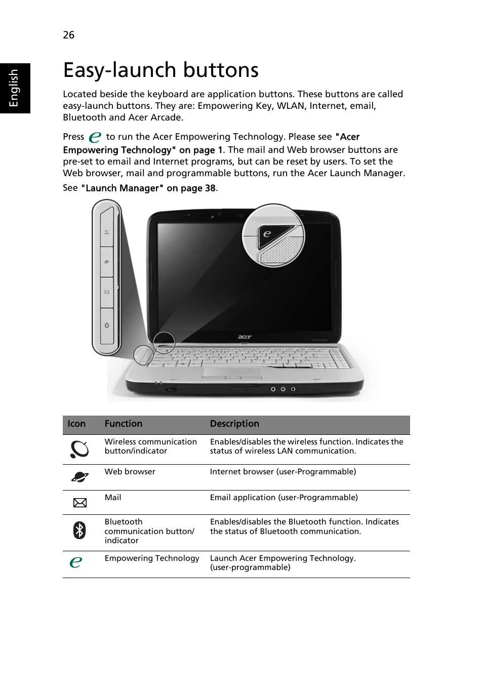 Easy-launch buttons, English | Acer Aspire 4310 User Manual | Page 46 / 112