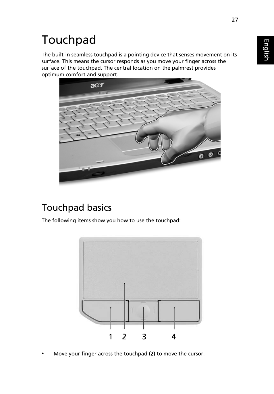 Touchpad, Touchpad basics | Acer Aspire 4310 User Manual | Page 47 / 112