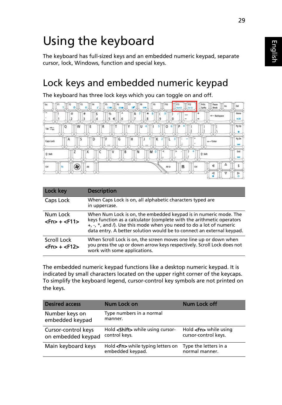 Using the keyboard, Lock keys and embedded numeric keypad | Acer Aspire 4310 User Manual | Page 49 / 112