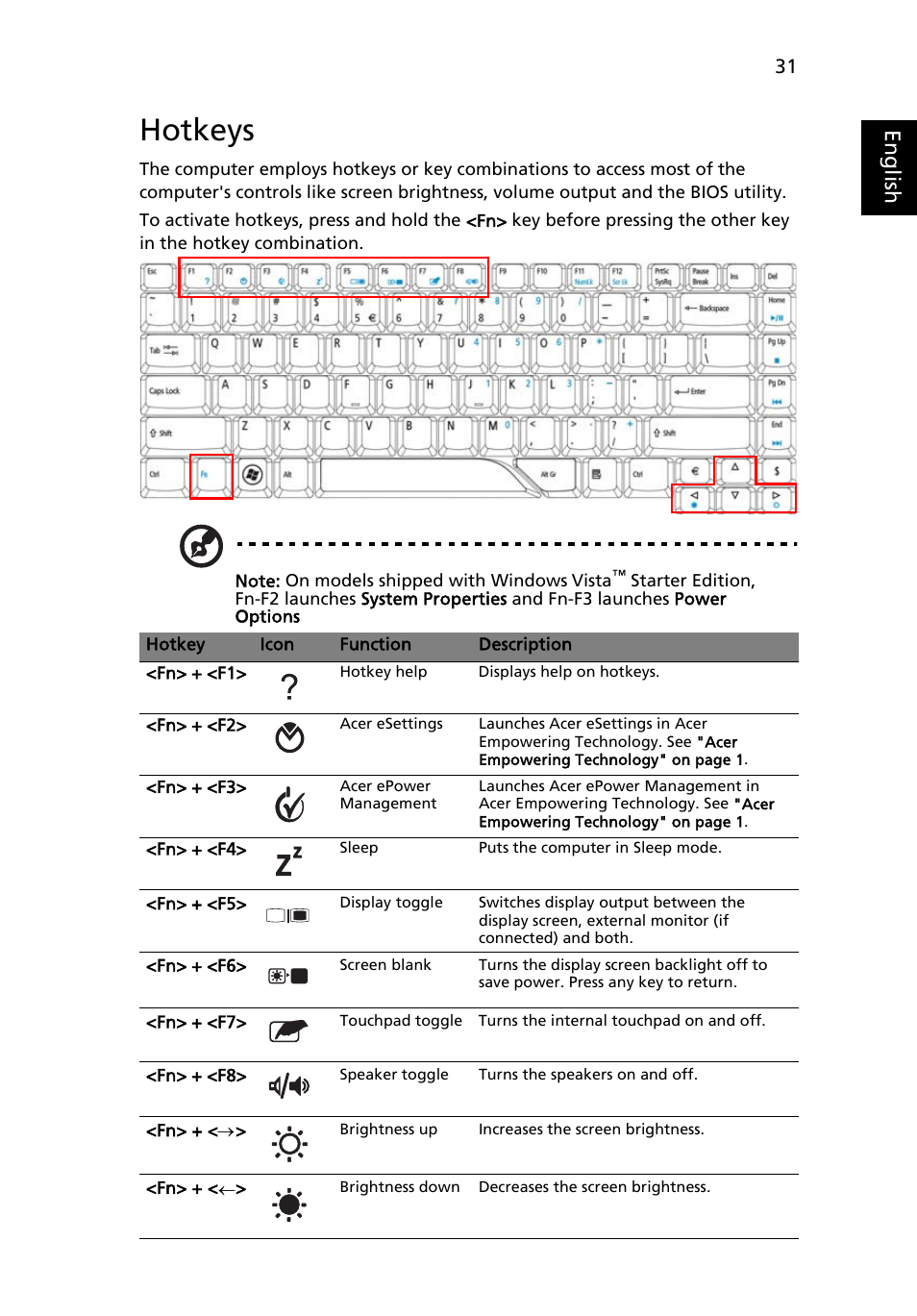 Hotkeys, Eng lis h | Acer Aspire 4310 User Manual | Page 51 / 112