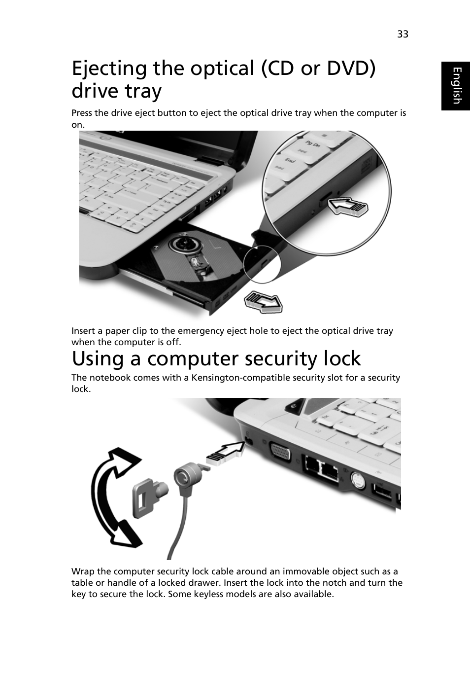 Ejecting the optical (cd or dvd) drive tray, Using a computer security lock | Acer Aspire 4310 User Manual | Page 53 / 112