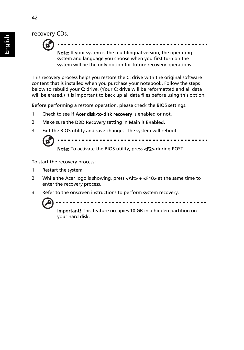 English recovery cds | Acer Aspire 4310 User Manual | Page 62 / 112
