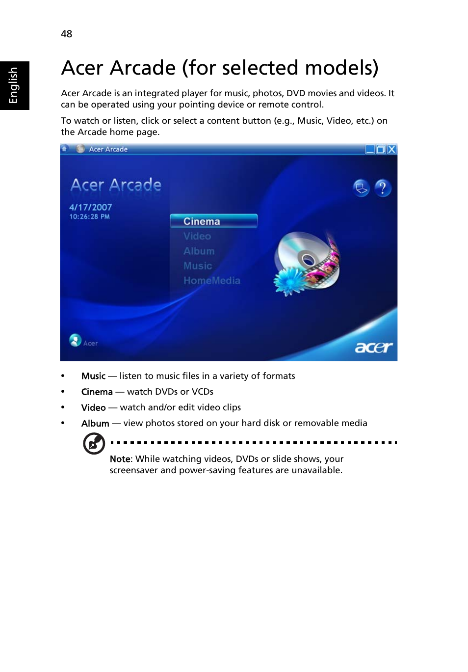 Acer arcade (for selected models), Finding and playing content | Acer Aspire 4310 User Manual | Page 68 / 112