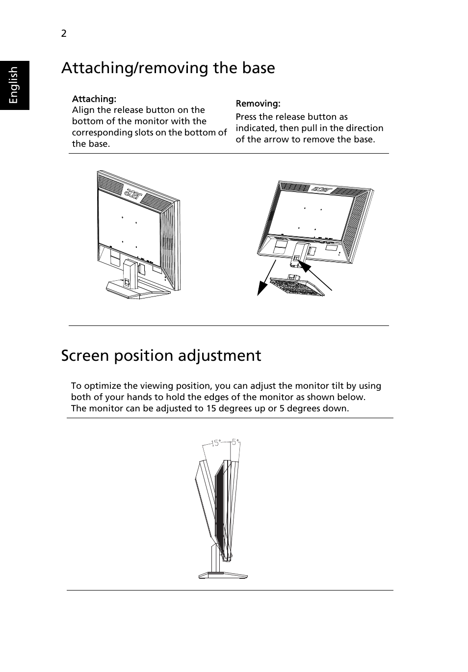 Attaching/removing the base, Screen position adjustment | Acer V243PWL User Manual | Page 14 / 26