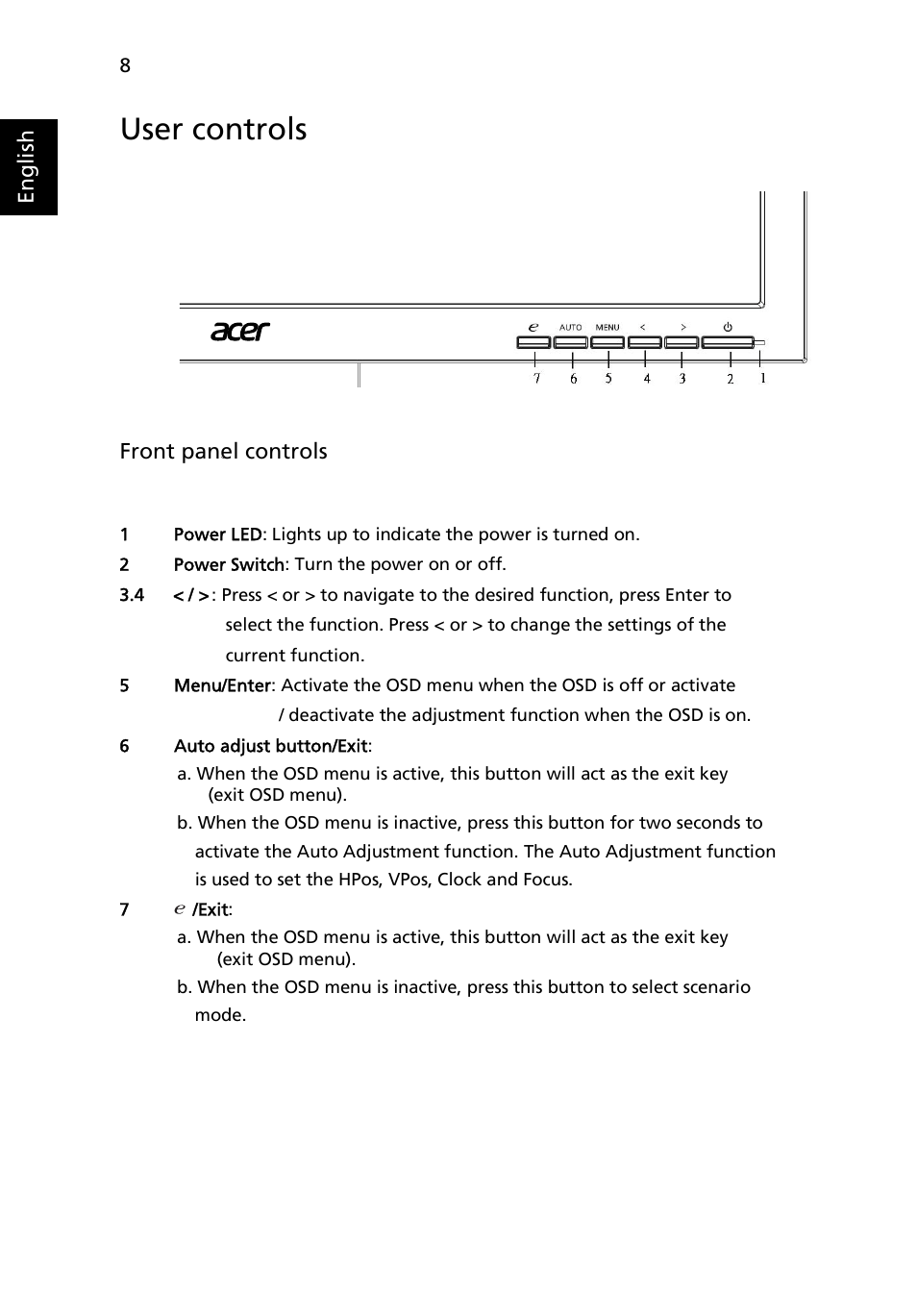 User controls | Acer V243PWL User Manual | Page 20 / 26