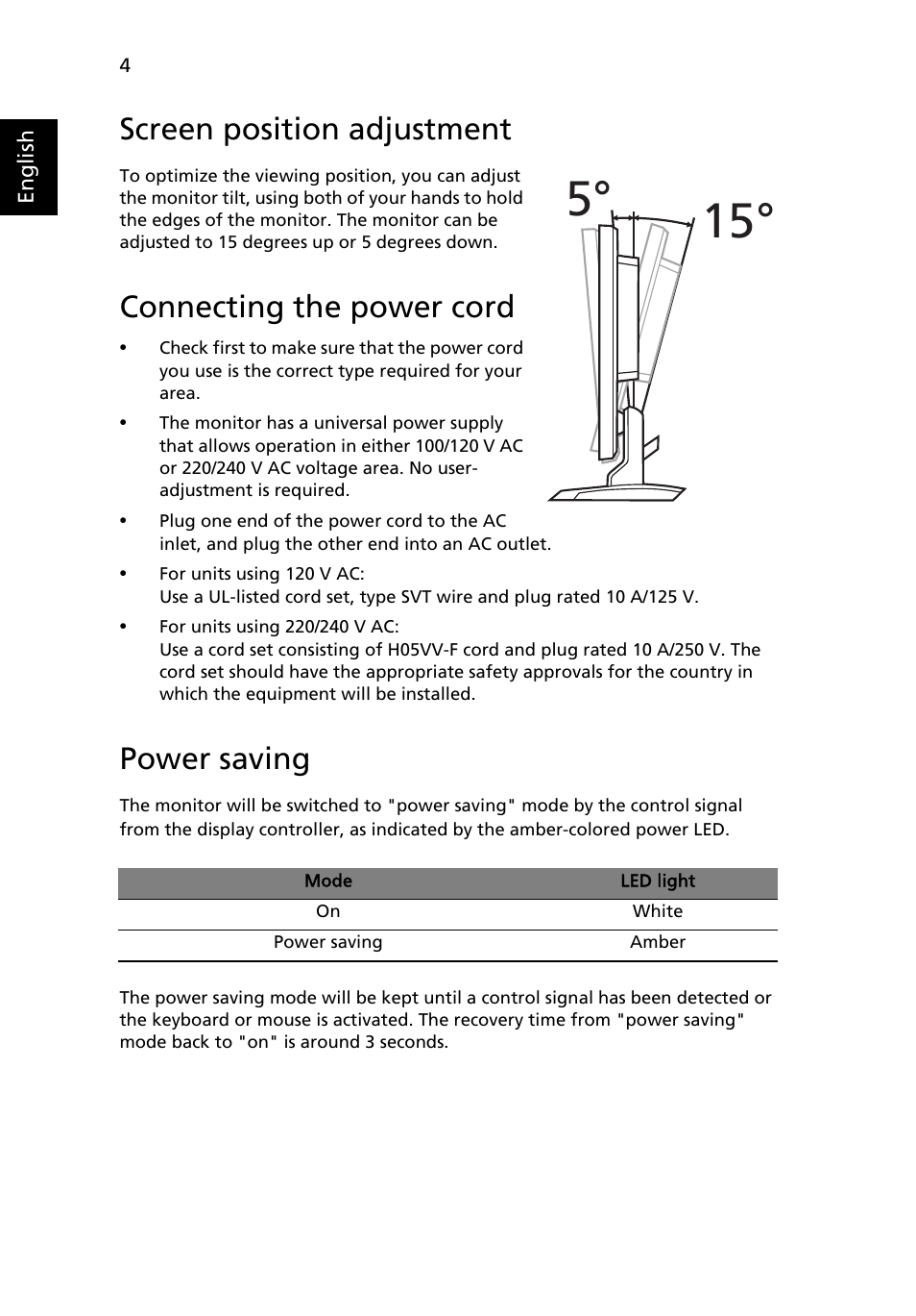 Screen position adjustment, Connecting the power cord, Power saving | Acer P244W User Manual | Page 16 / 28