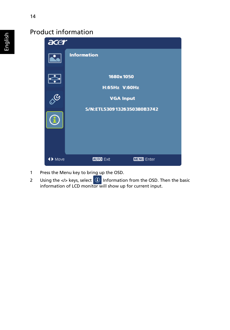 Product information | Acer P244W User Manual | Page 26 / 28