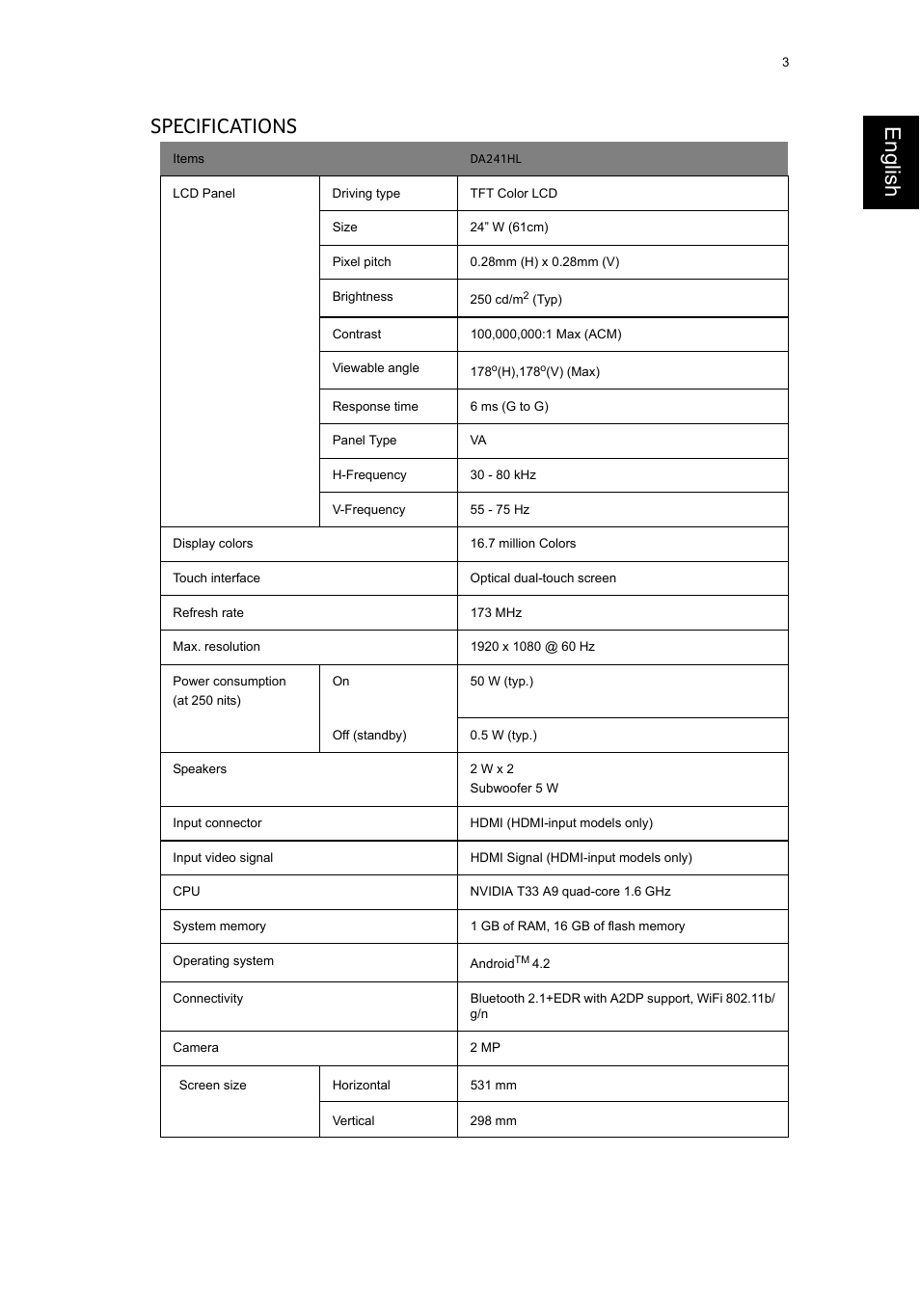 English specifications | Acer DA241HL User Manual | Page 3 / 4