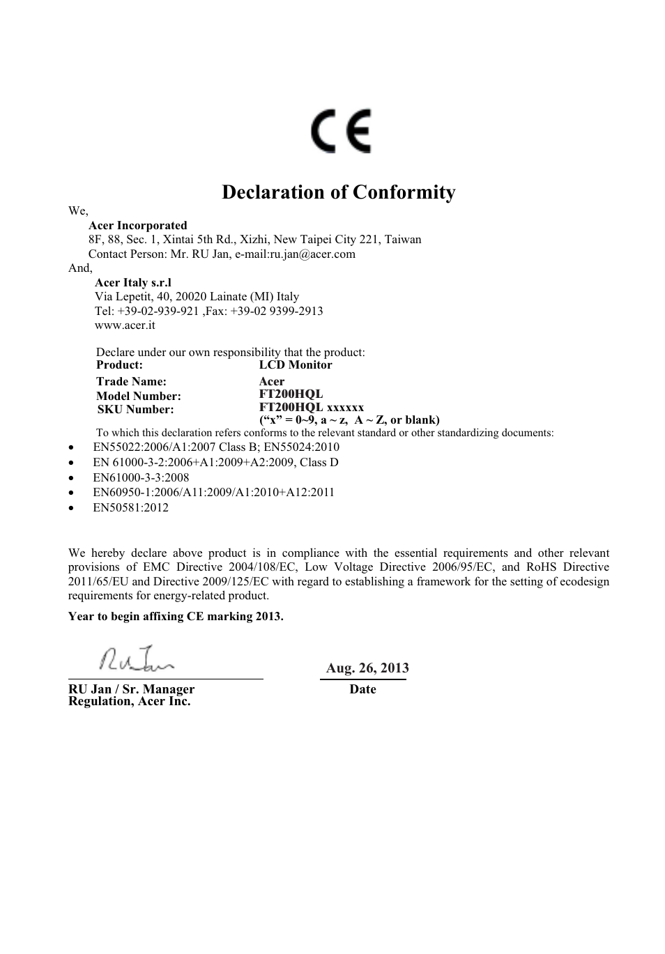 Declaration of conformity | Acer FT200HQL User Manual | Page 10 / 30
