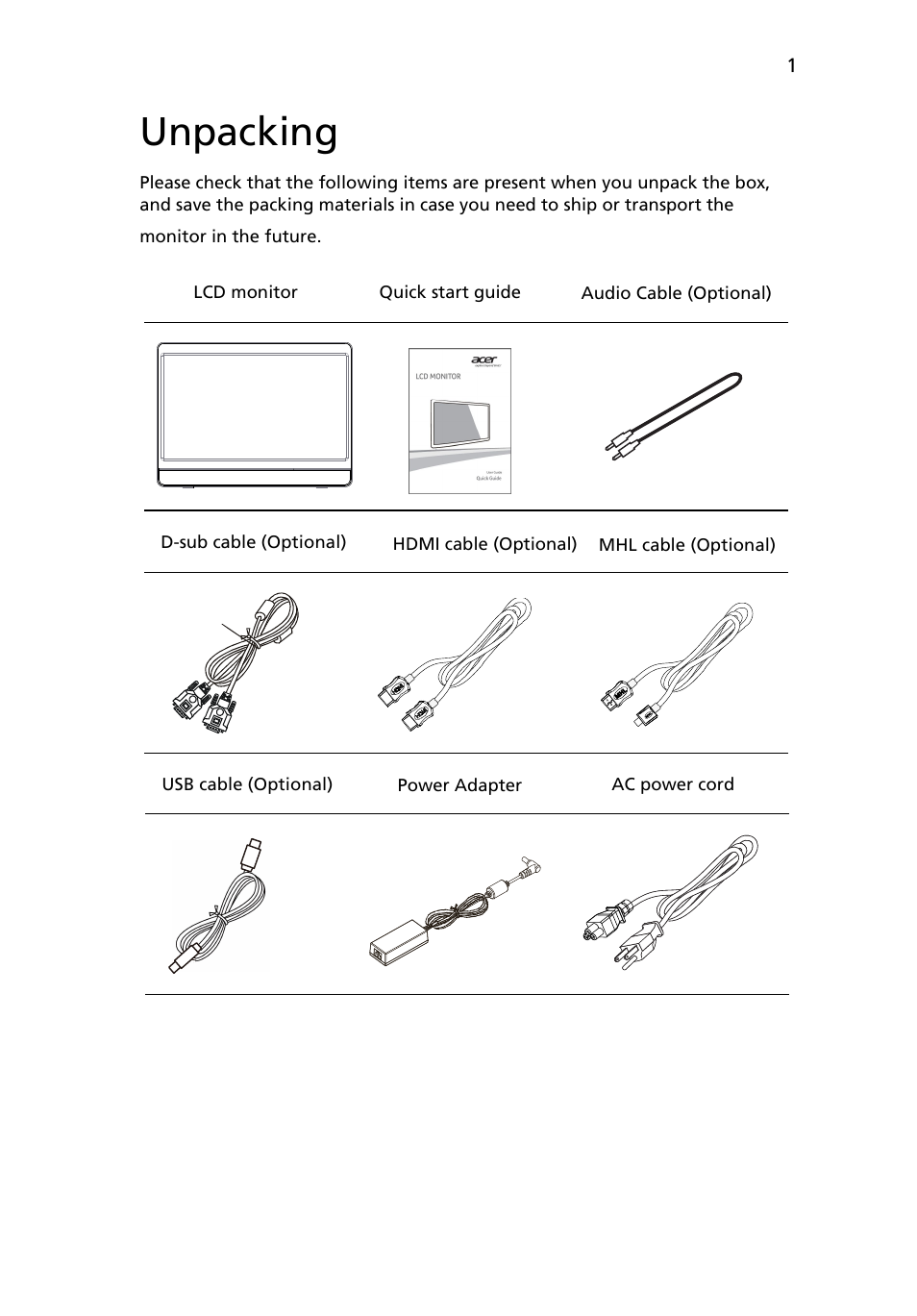Unpacking | Acer FT200HQL User Manual | Page 13 / 30