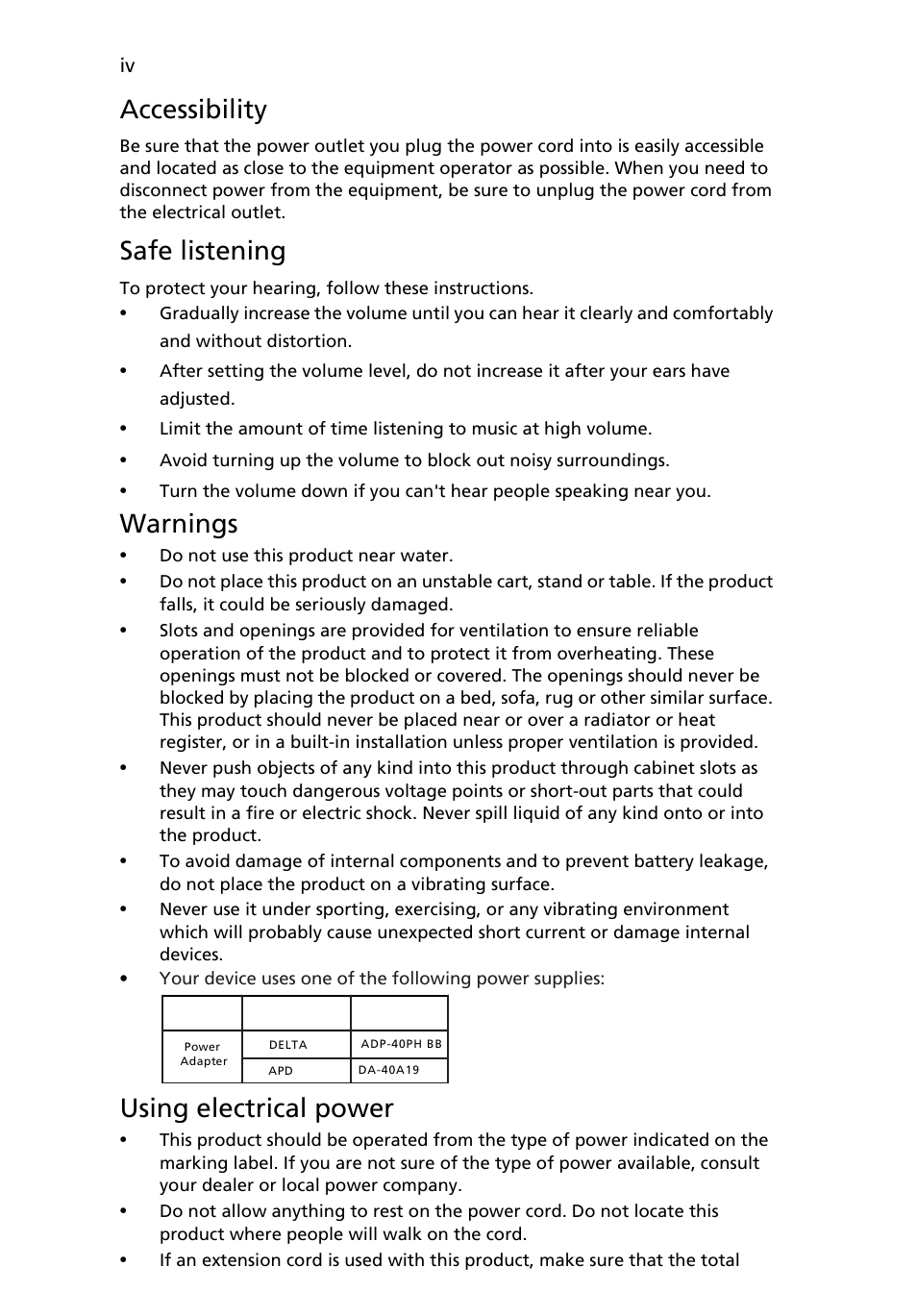 Accessibility, Safe listening, Warnings | Using electrical power | Acer FT200HQL User Manual | Page 4 / 30