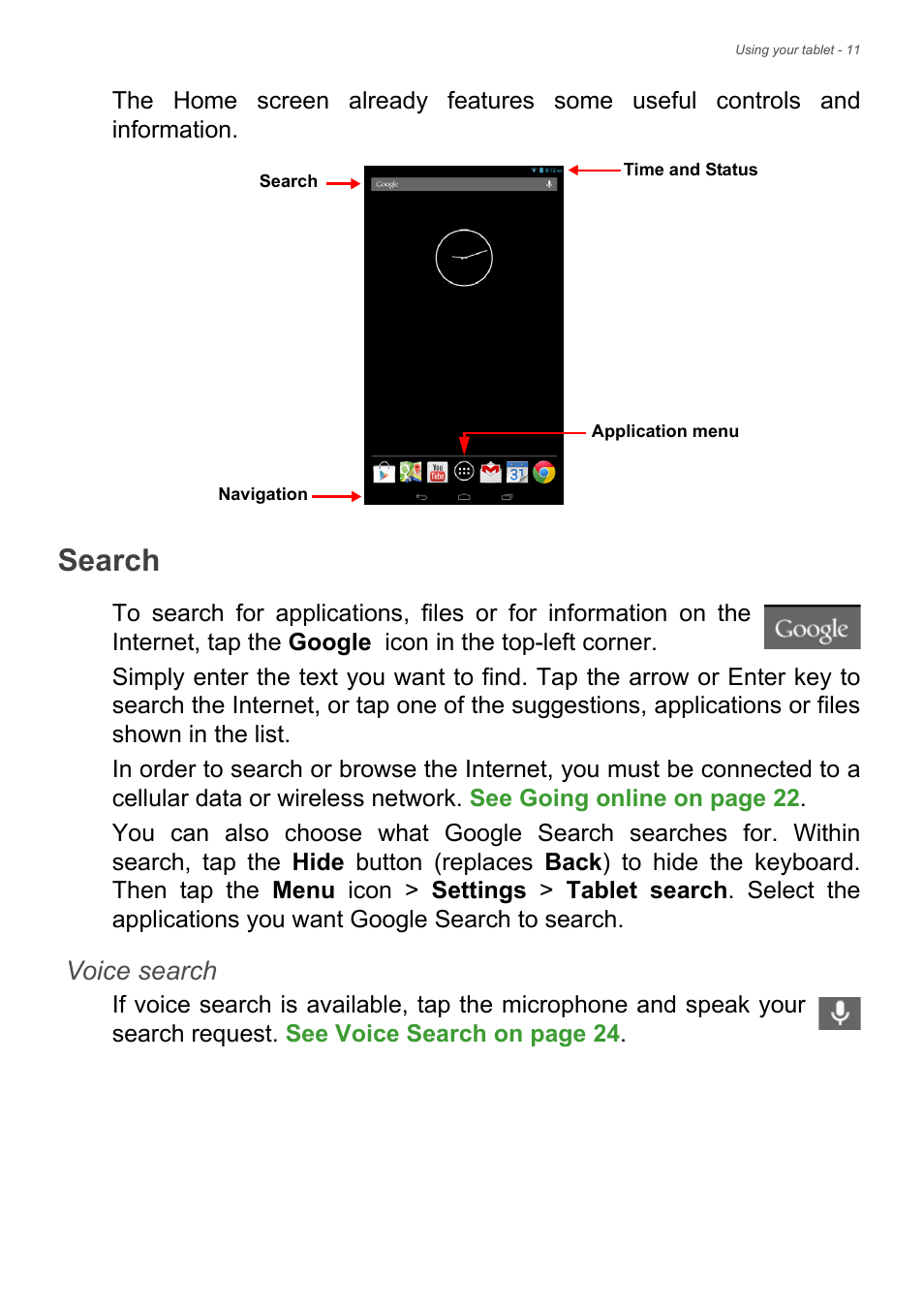 Search, Voice search | Acer B1-721 User Manual | Page 11 / 53