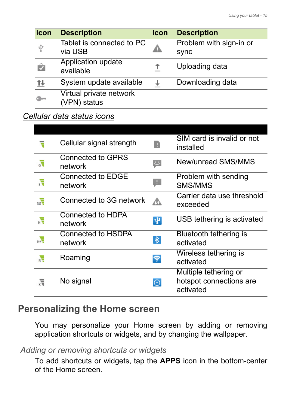 Personalizing the home screen, See personalizing | Acer B1-721 User Manual | Page 15 / 53