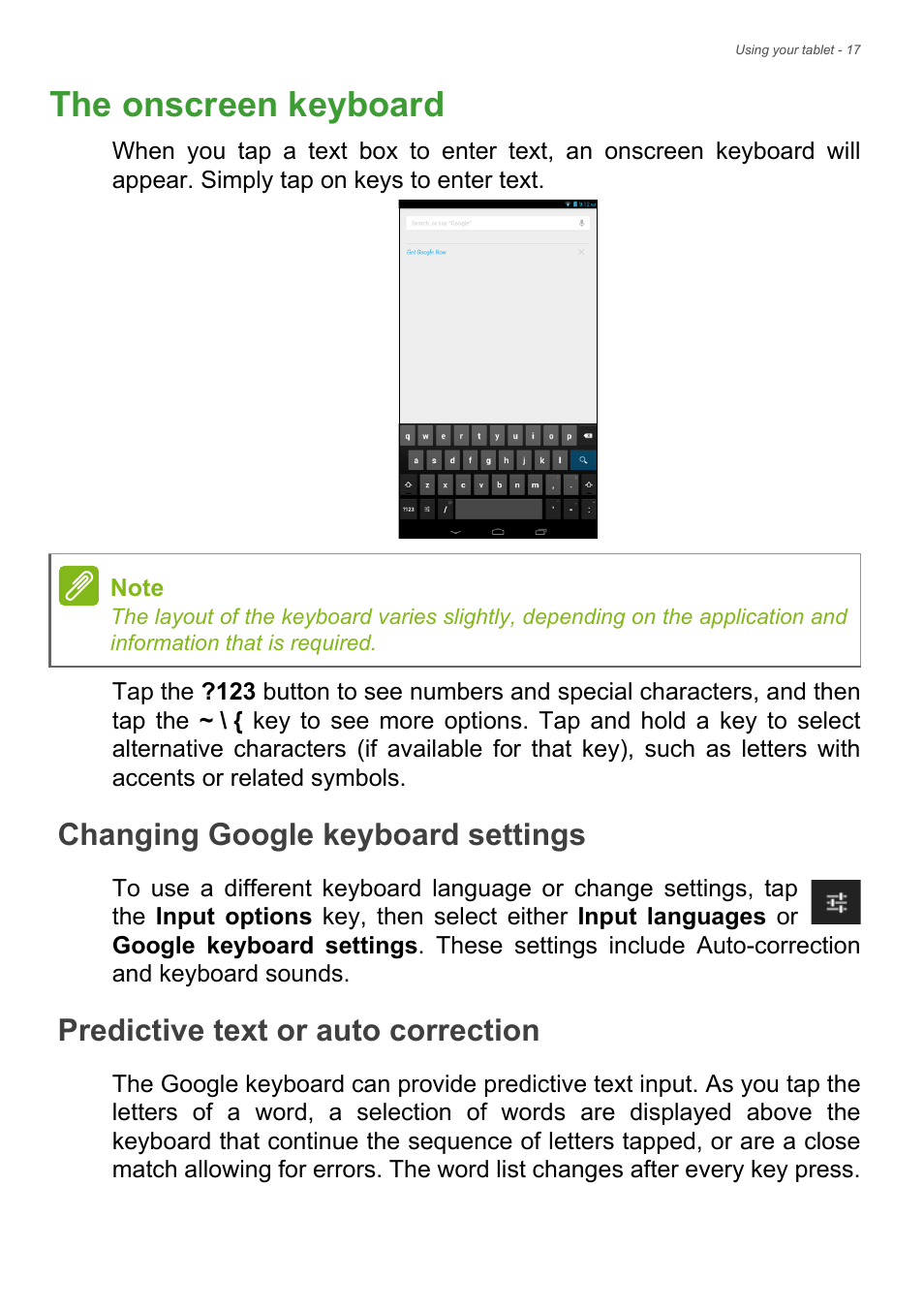 The onscreen keyboard, Changing google keyboard settings, Predictive text or auto correction | Acer B1-721 User Manual | Page 17 / 53