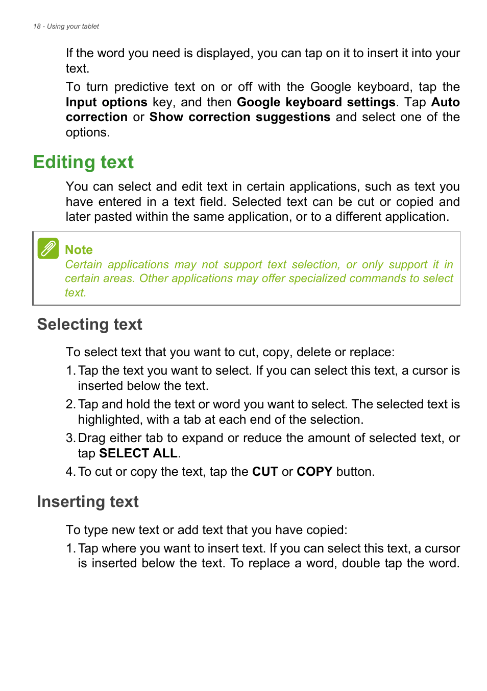 Editing text, Selecting text, Inserting text | Acer B1-721 User Manual | Page 18 / 53