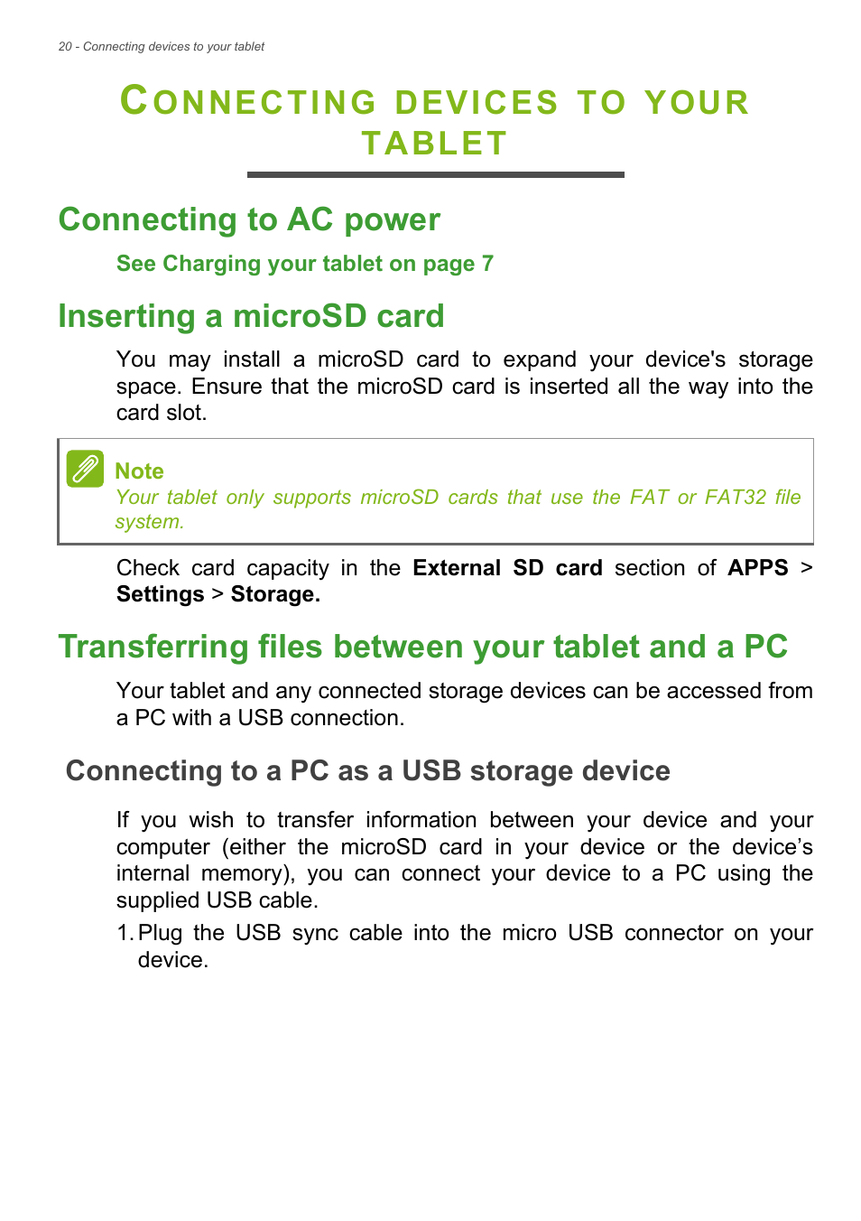 Connecting devices to your tablet, Connecting to ac power, Inserting a microsd card | Transferring files between your tablet and a pc, Connecting to a pc as a usb storage device, Onnecting, Devices, Your, Tablet connecting to ac power | Acer B1-721 User Manual | Page 20 / 53
