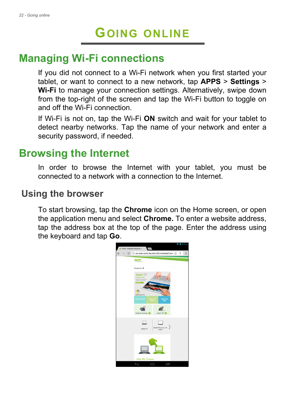 Going online, Managing wi-fi connections, Browsing the internet | Using the browser, Managing wi-fi connections browsing the internet, Oing, Online managing wi-fi connections | Acer B1-721 User Manual | Page 22 / 53