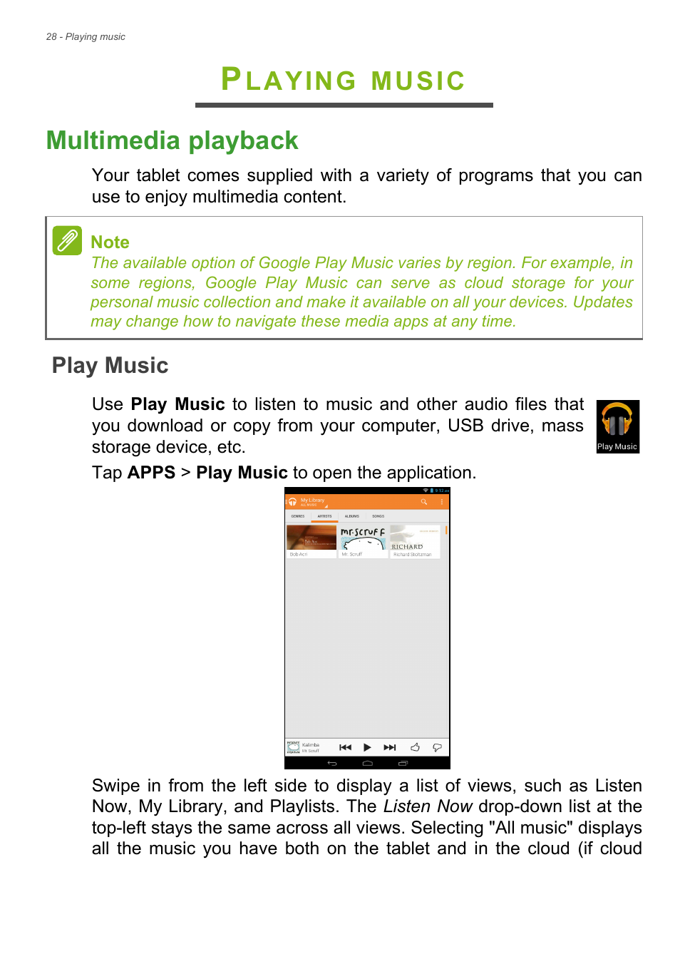 Playing music, Multimedia playback, Play music | Laying, Music multimedia playback | Acer B1-721 User Manual | Page 28 / 53