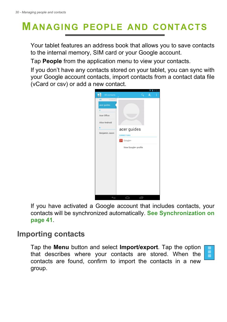 Managing people and contacts, Importing contacts, Anaging | People, Contacts | Acer B1-721 User Manual | Page 30 / 53