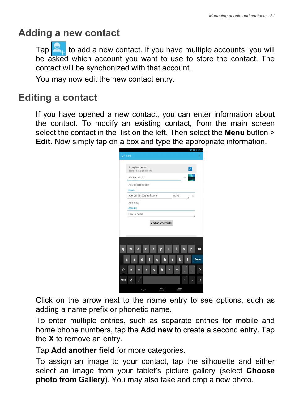 Adding a new contact, Editing a contact | Acer B1-721 User Manual | Page 31 / 53