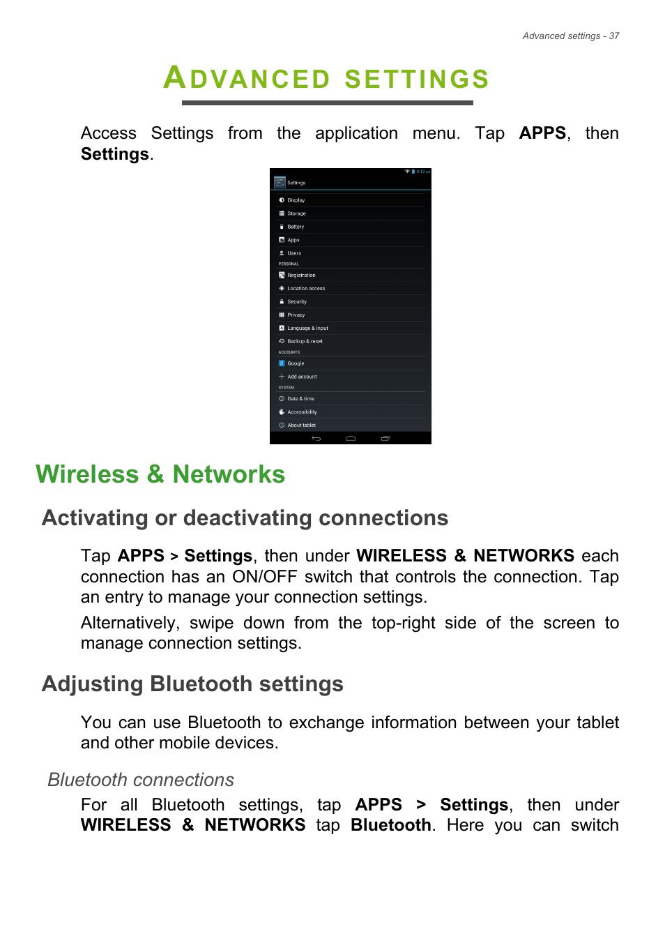 Advanced settings, Wireless & networks, Activating or deactivating connections | Adjusting bluetooth settings, Dvanced, Settings | Acer B1-721 User Manual | Page 37 / 53