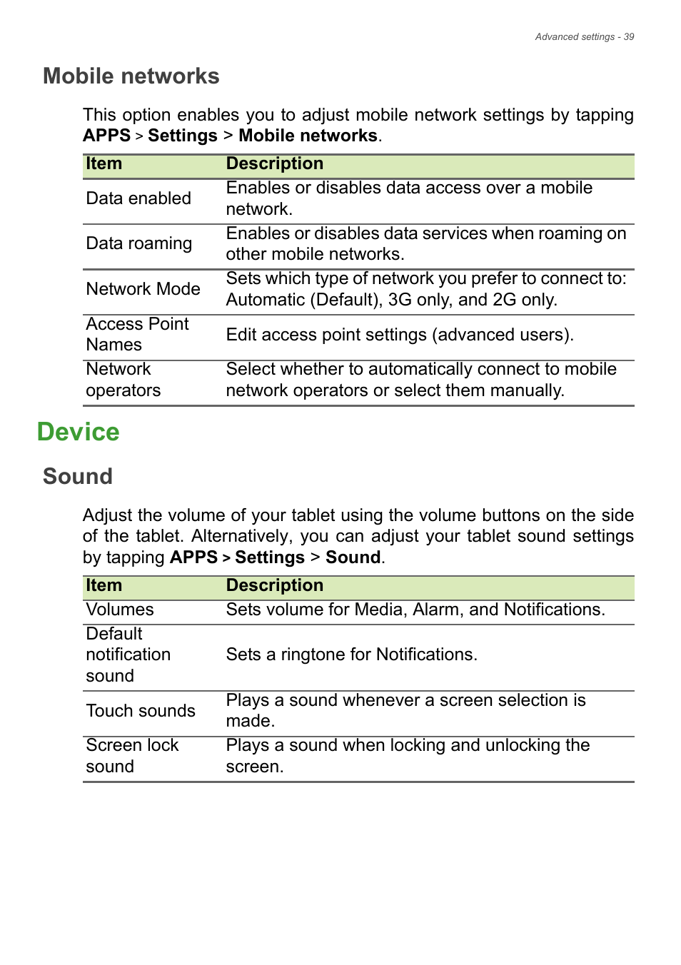 Mobile networks, Device, Sound | Acer B1-721 User Manual | Page 39 / 53