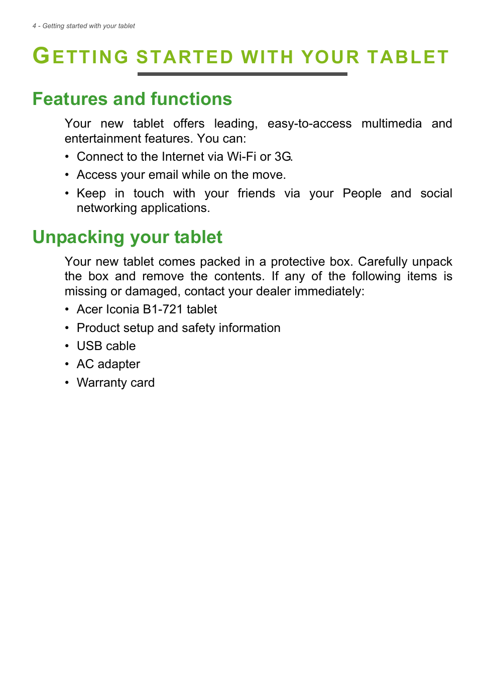 Getting started with your tablet, Features and functions, Unpacking your tablet | Features and functions unpacking your tablet | Acer B1-721 User Manual | Page 4 / 53