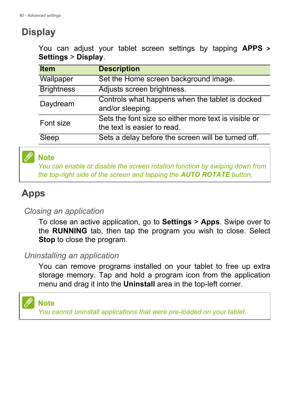 Display, Apps | Acer B1-721 User Manual | Page 40 / 53