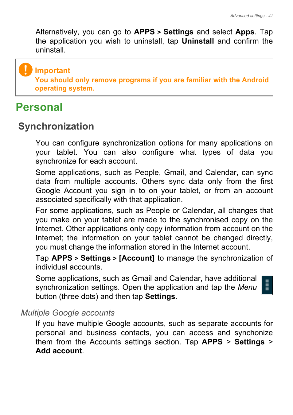 Personal, Synchronization, Ction | See multiple google, Tomatically, See synchronization on | Acer B1-721 User Manual | Page 41 / 53